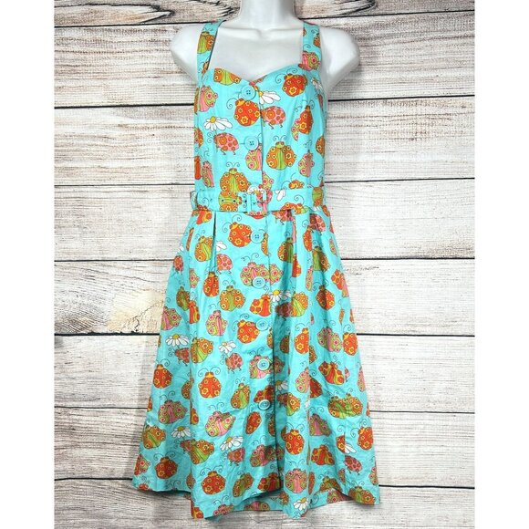 Modcloth Dress Womens Size M Multicolor Sleeveless Lady Bugs Flowers Pockets - Picture 1 of 11